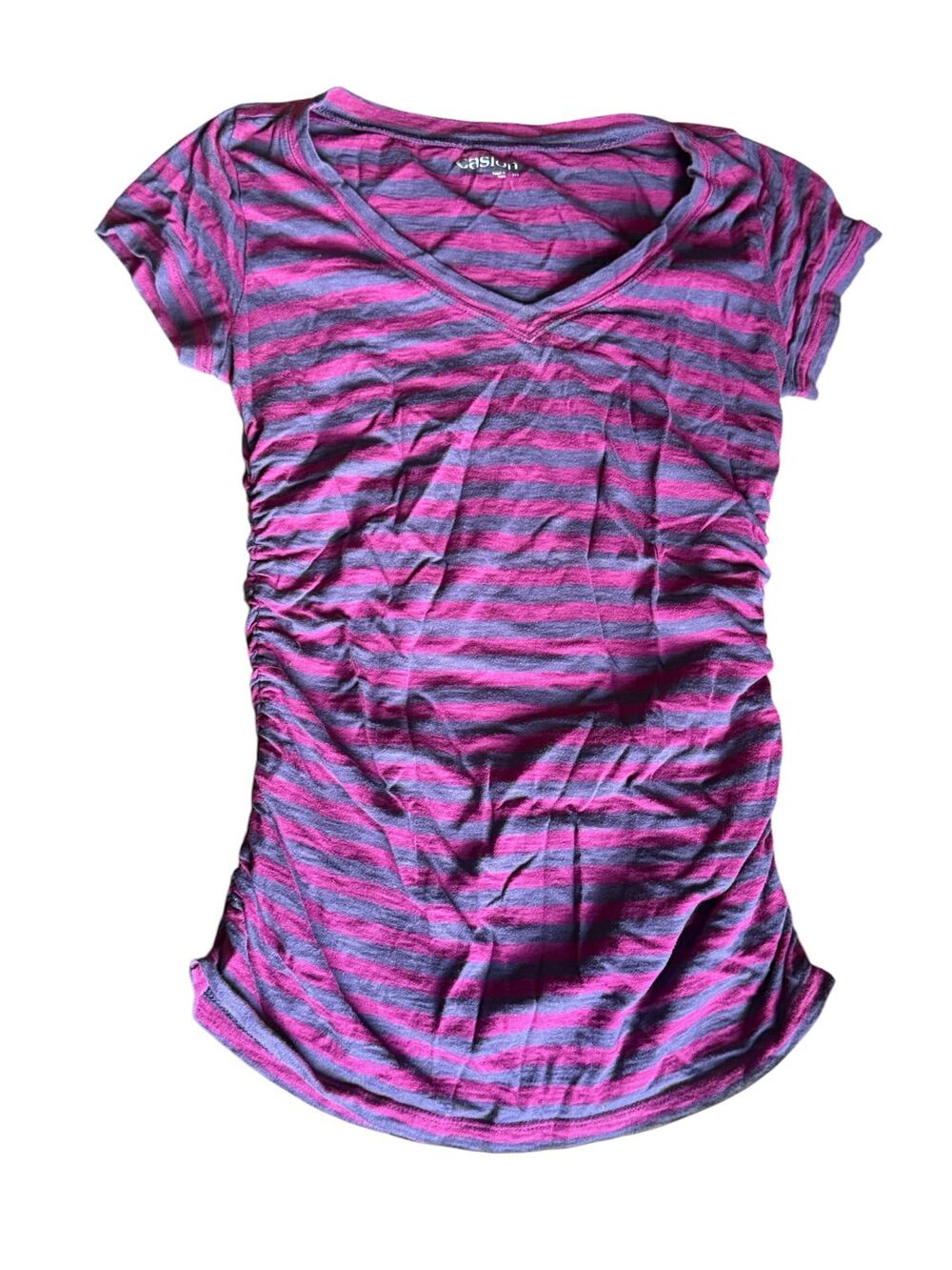Caslon short sleeve ruched pink/blue v-neck tee - medium